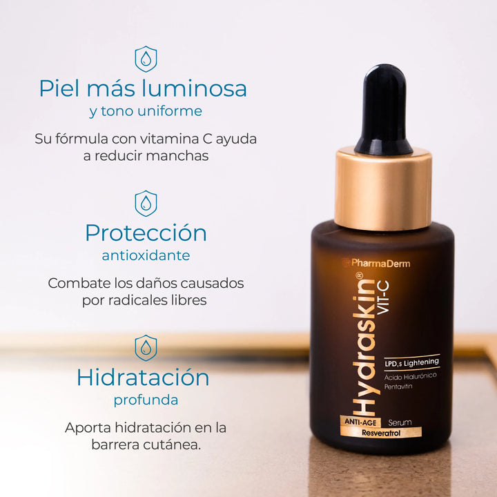 Serum antioxidante con Vitamina C Hydraskin de Pharmaderm para el rostro.