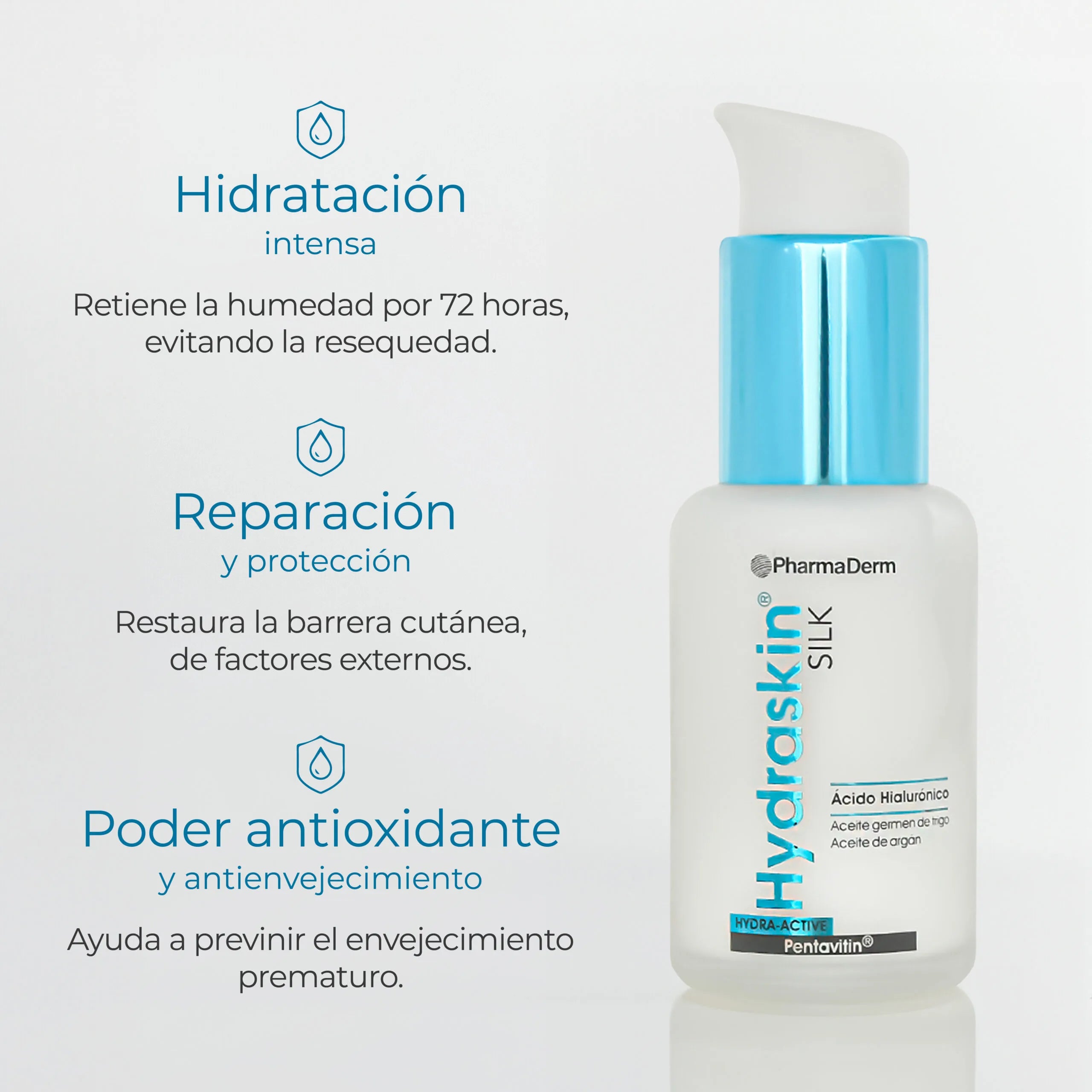 Crema hidratante facial Hydraskin Silk de Pharmaderm con acabado sedoso.