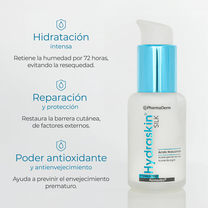 Crema hidratante facial Hydraskin Silk de Pharmaderm con acabado sedoso.