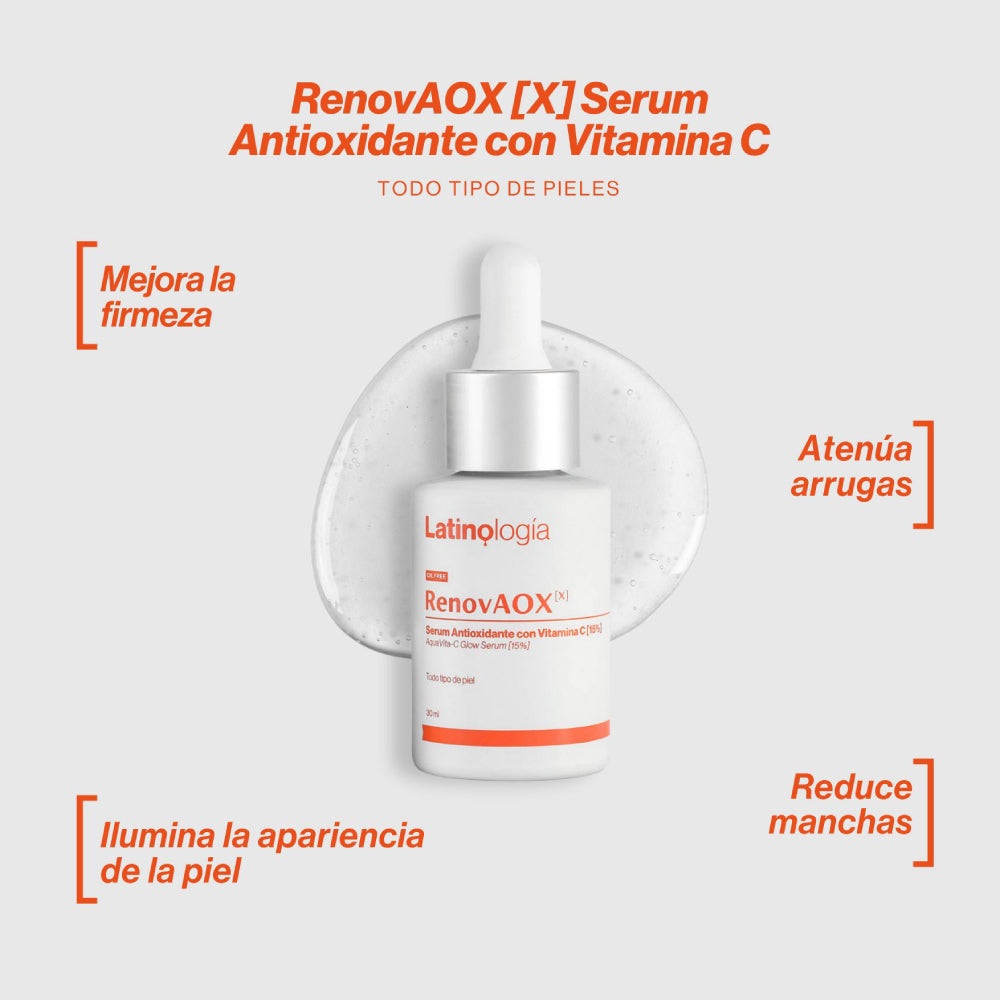 Envase de RenovAOX Serum Vitamina C 15% Latinología para luminosidad y protección antioxidante.