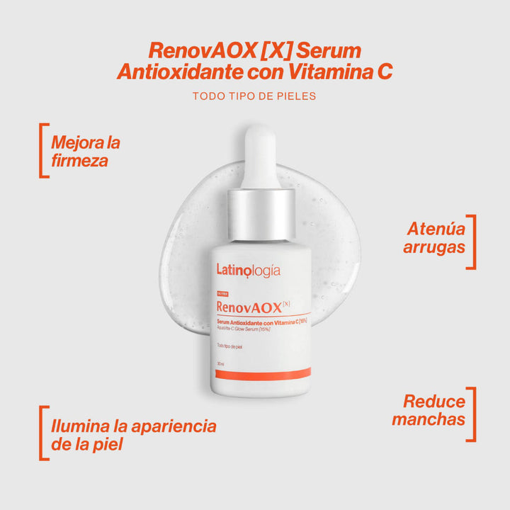 Envase de RenovAOX Serum Vitamina C 15% Latinología para luminosidad y protección antioxidante.
