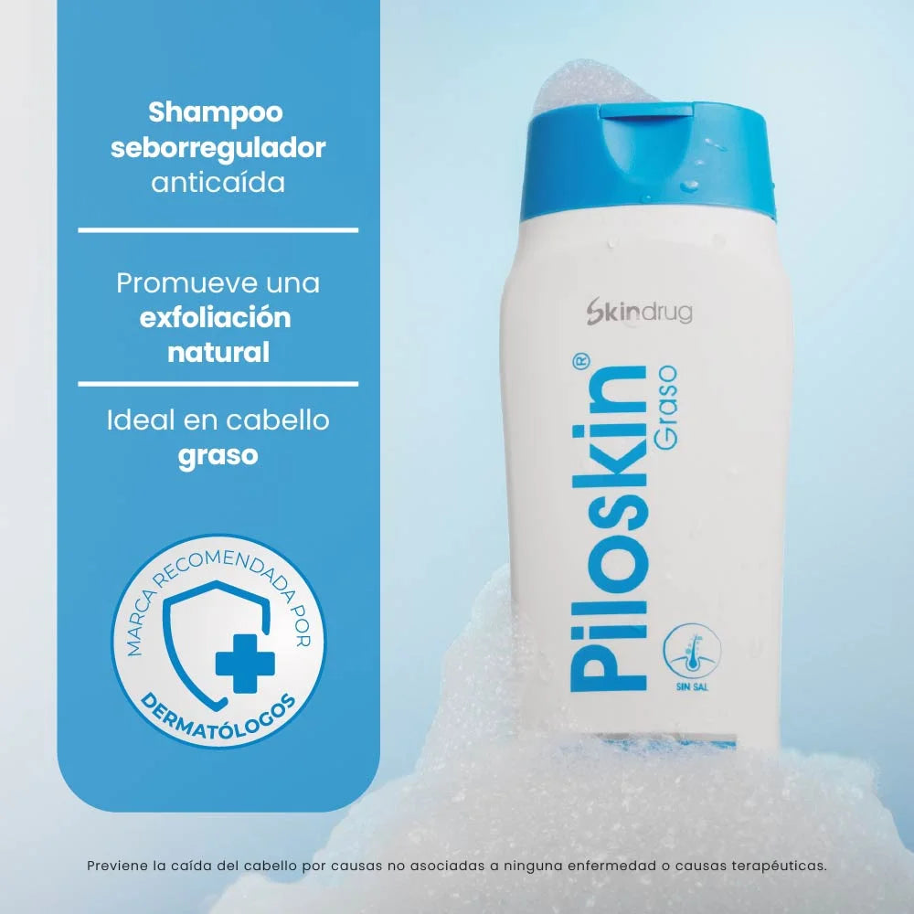 Envase de Piloskin Graso shampoo - Control Grasa - Skindrug para el equilibrio de la raíz grasa.