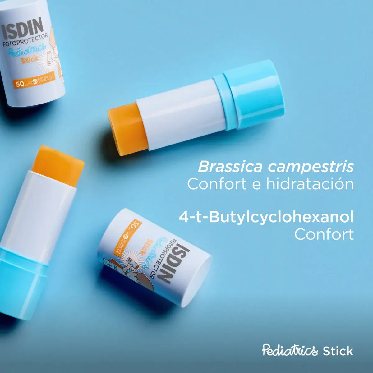 Envase del Pediatrics Stick SPF 50 de ISDIN para la protección y el bienestar de las zonas sensibles infantiles.