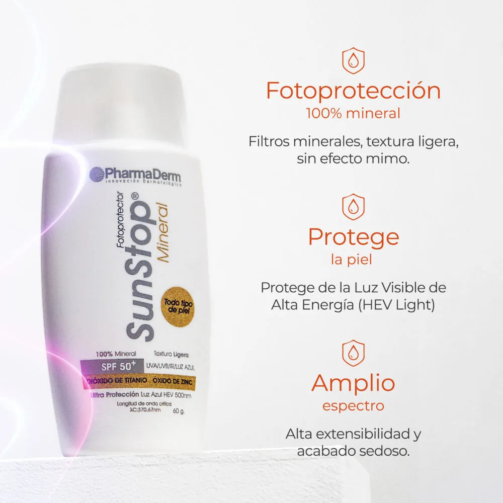 Envase de Sunstop Mineral SPF 50+ Pharmaderm para la protección física y el cuidado cutáneo.
