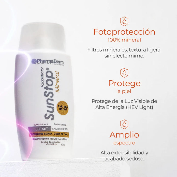 Envase de Sunstop Mineral SPF 50+ Pharmaderm para la protección física y el cuidado cutáneo.
