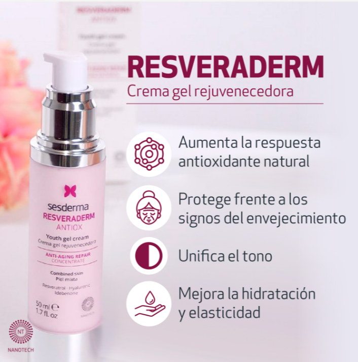 Envase de 50 ml de Resveraderm Crema-Gel Antiox para la revitalización y el bienestar de la piel.