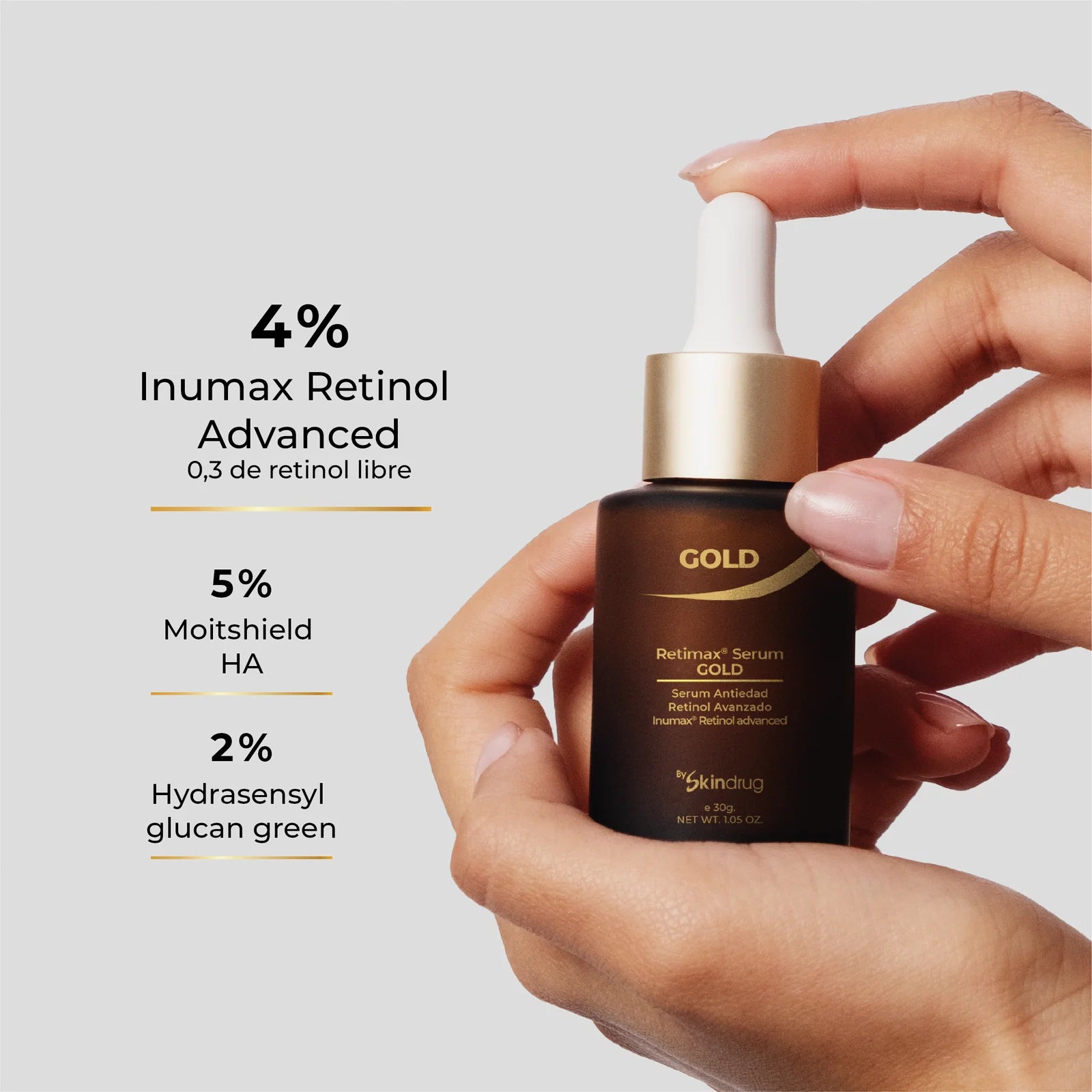 Serum facial iluminador con color Retimax Serum Gold de Skindrug.