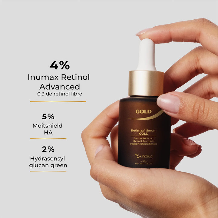 Serum facial iluminador con color Retimax Serum Gold de Skindrug.