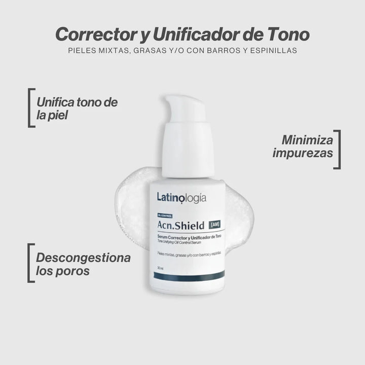 Envase de Acn.Shield Serum Corrector Latinología para unificar el tono y dar luminosidad a la piel.