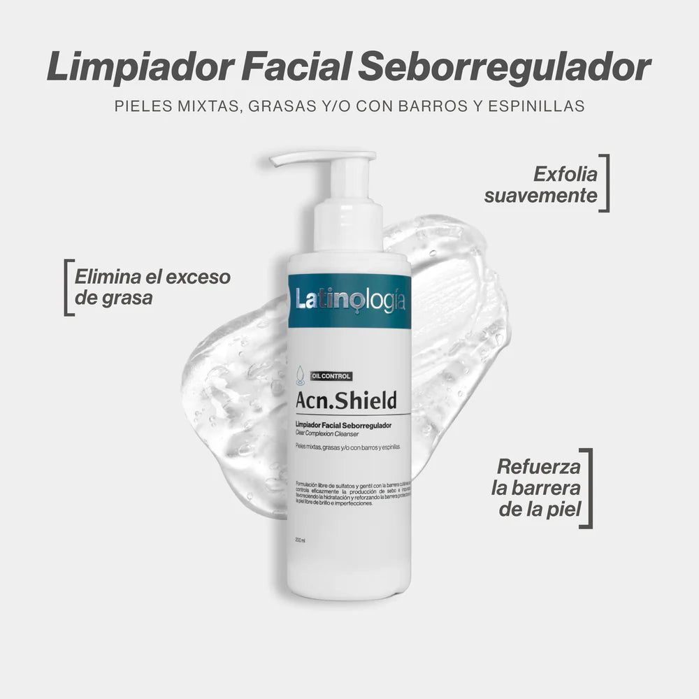 Limpiador facial seborregulador Acn.Shield de Latinologia para piel grasa.