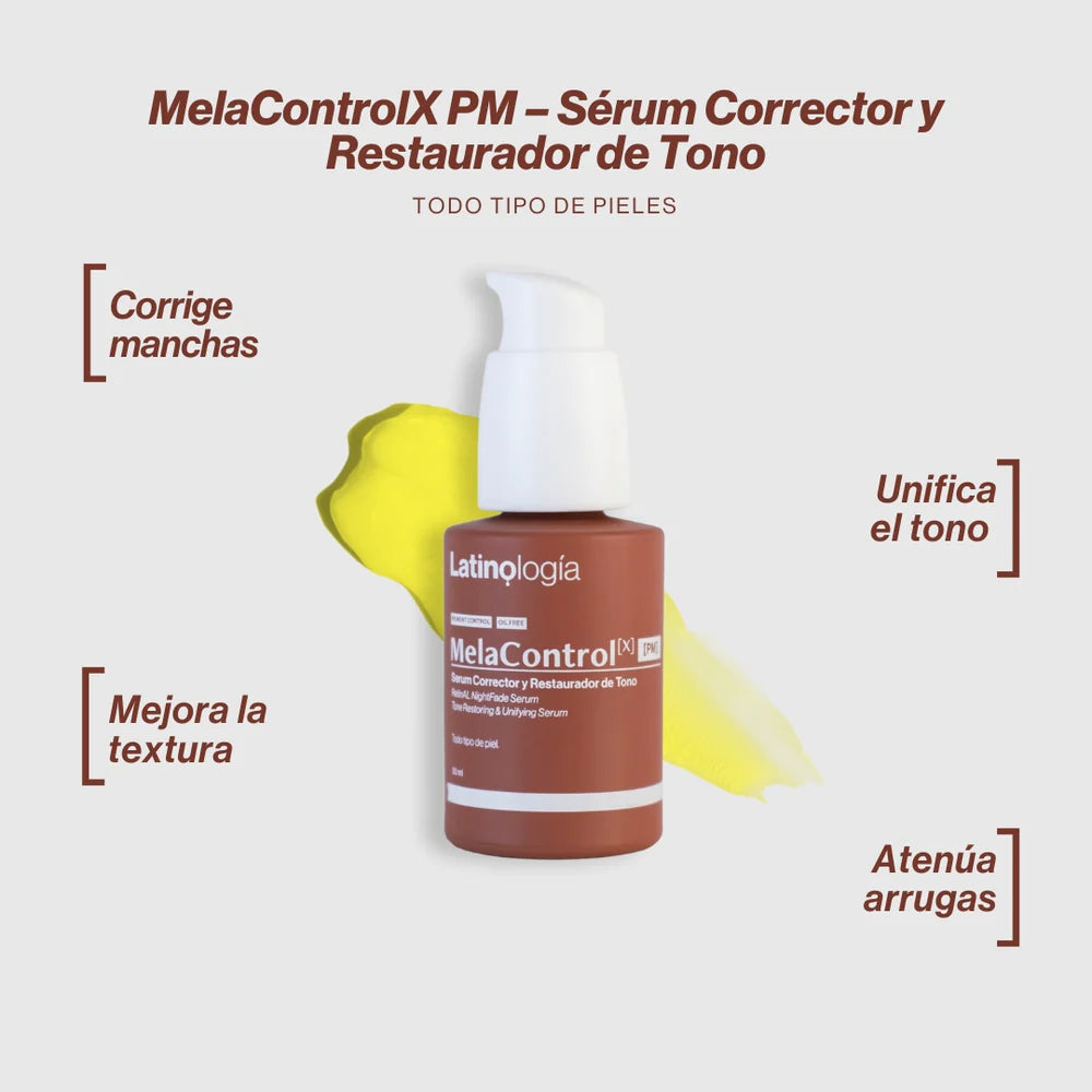 Envase de MelaControlX PM Serum Nocturno de Latinología para la restauración del tono facial