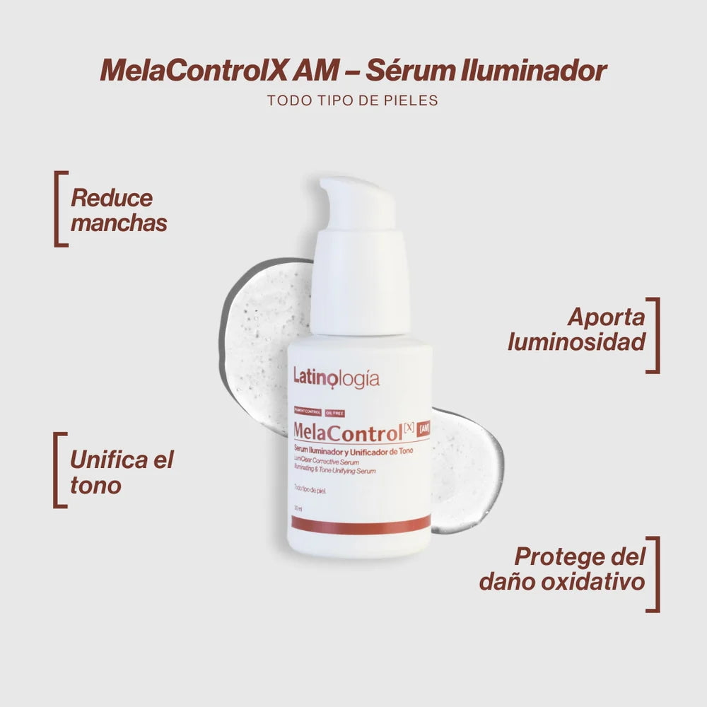 Envase de MelaControlX AM Serum Iluminador de Latinología para un tono de piel uniforme.