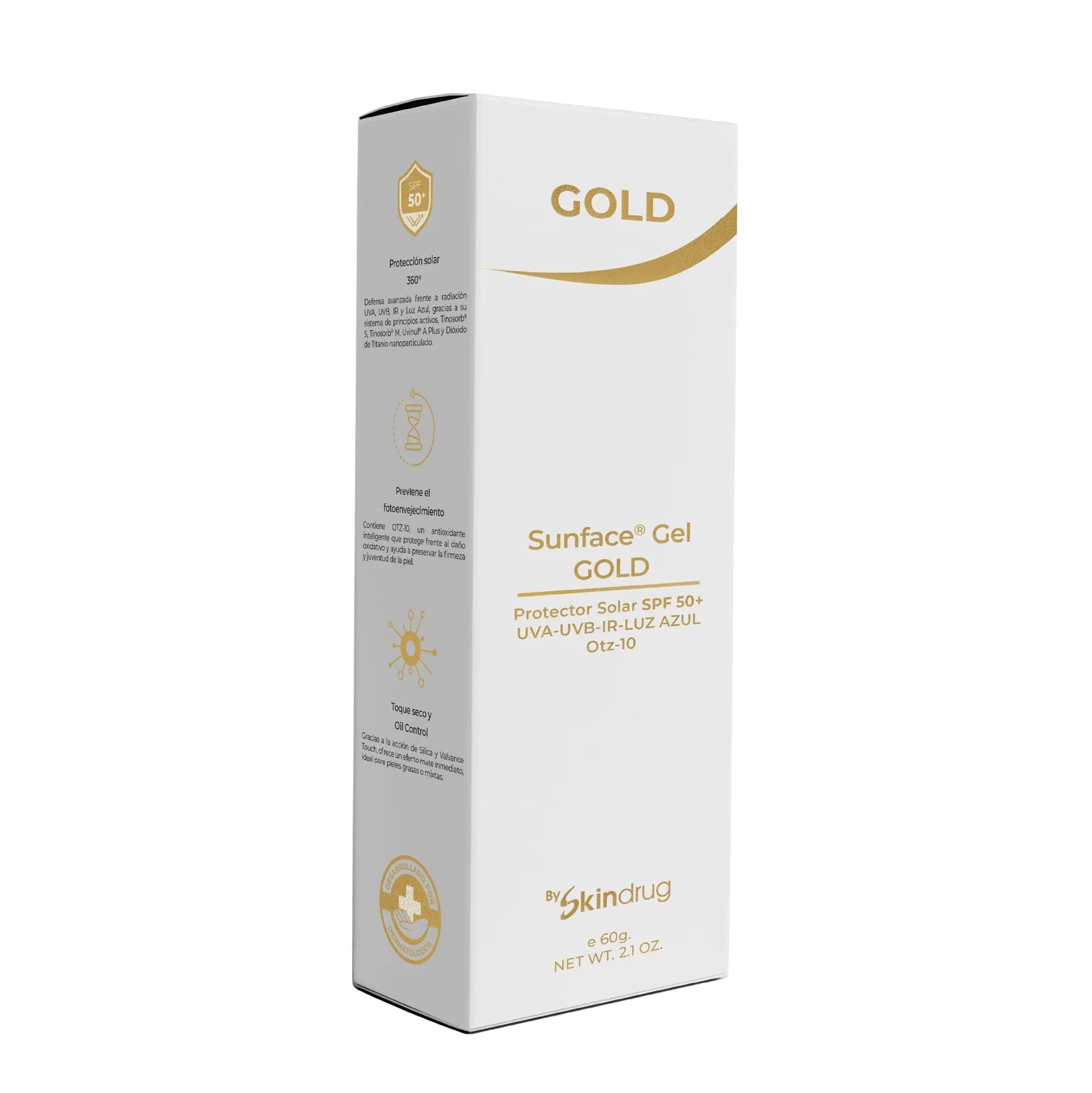 Protector solar en gel con color SunFace Gel Gold de Skindrug para piel grasa.