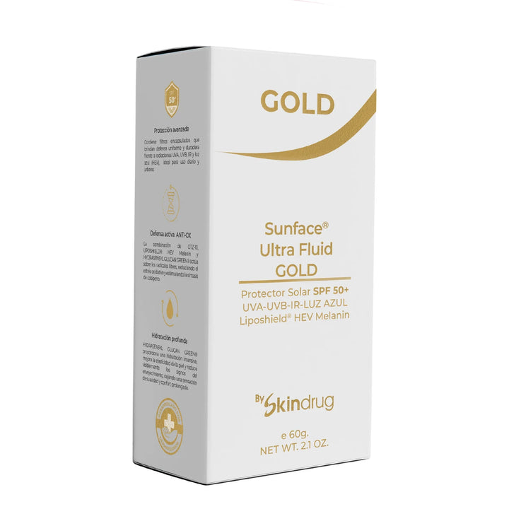 Protector solar fluido con color SunFace Ultra Fluid Gold de Skindrug.
