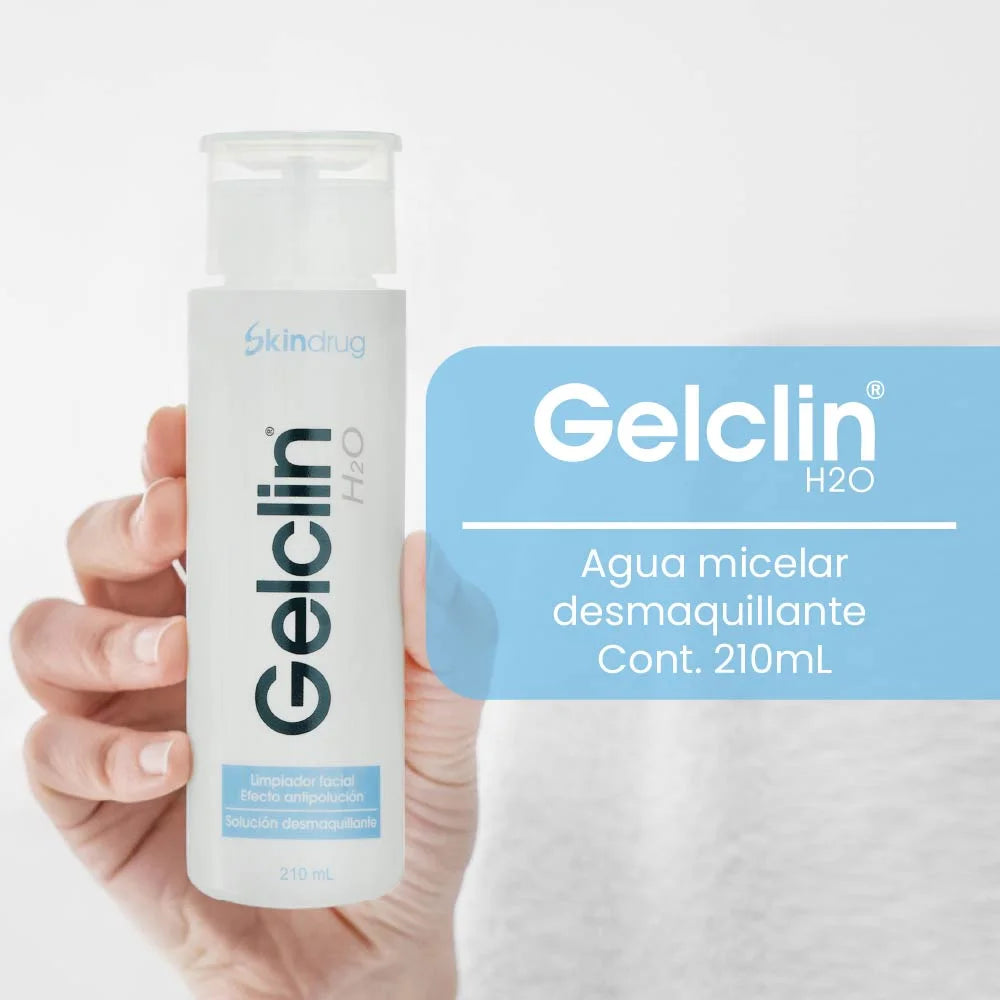 Envase de Gelclin H2O - Skindrug para la limpieza micelar y desmaquillado de rostro, ojos y labios.