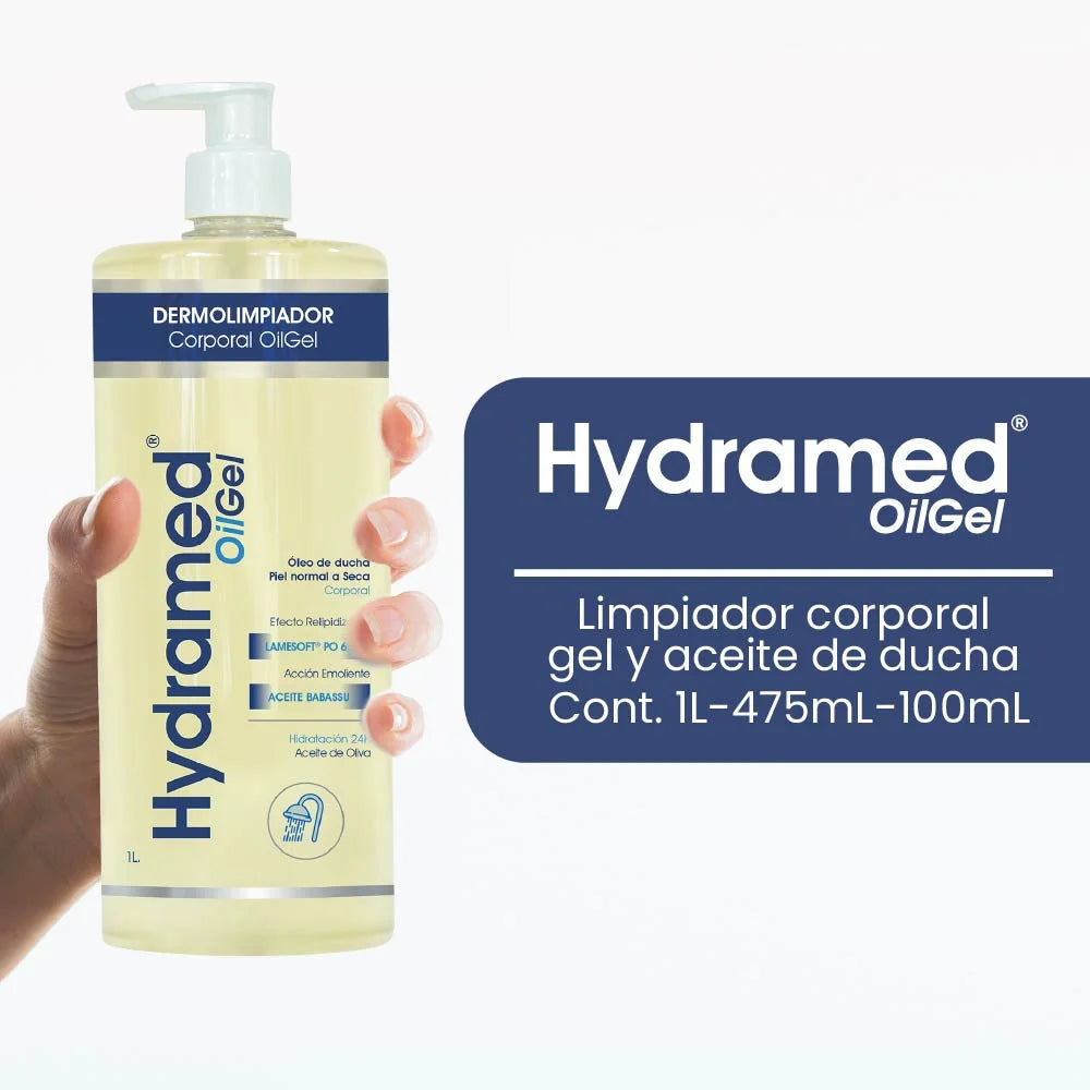 Envase de Hydramed Oilgel 1l - Skindrug para la limpieza emoliente y protección de la piel en formato familiar.