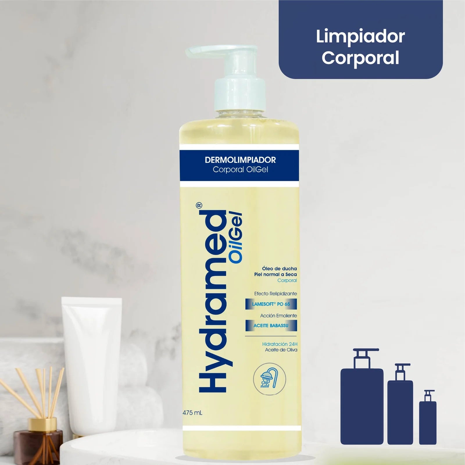 Envase de Hydramed Oilgel 475ml - Skindrug para la limpieza emoliente y protección de la piel.