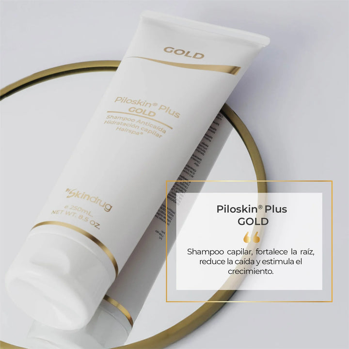 Shampoo fortalecedor capilar Piloskin Plus Gold de Skindrug con biotina.