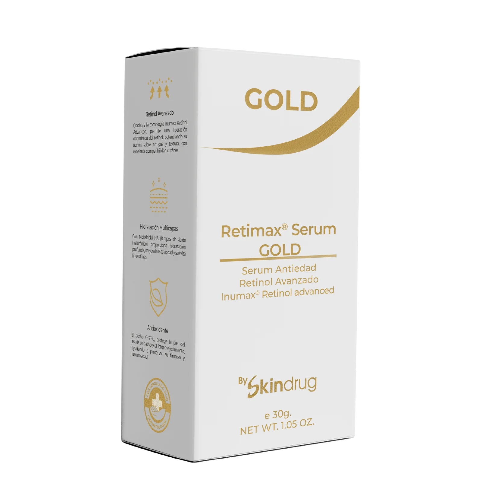 Serum facial iluminador con color Retimax Serum Gold de Skindrug.
