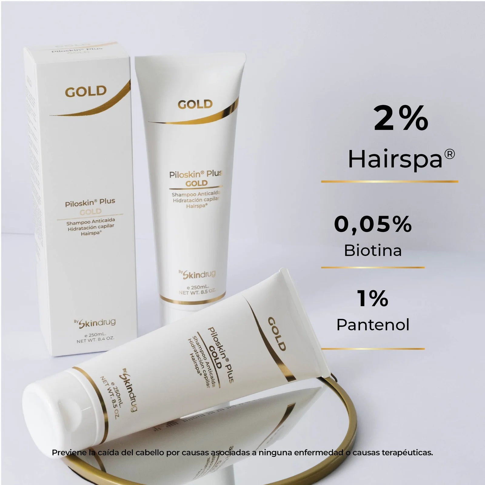 Shampoo fortalecedor capilar Piloskin Plus Gold de Skindrug con biotina.