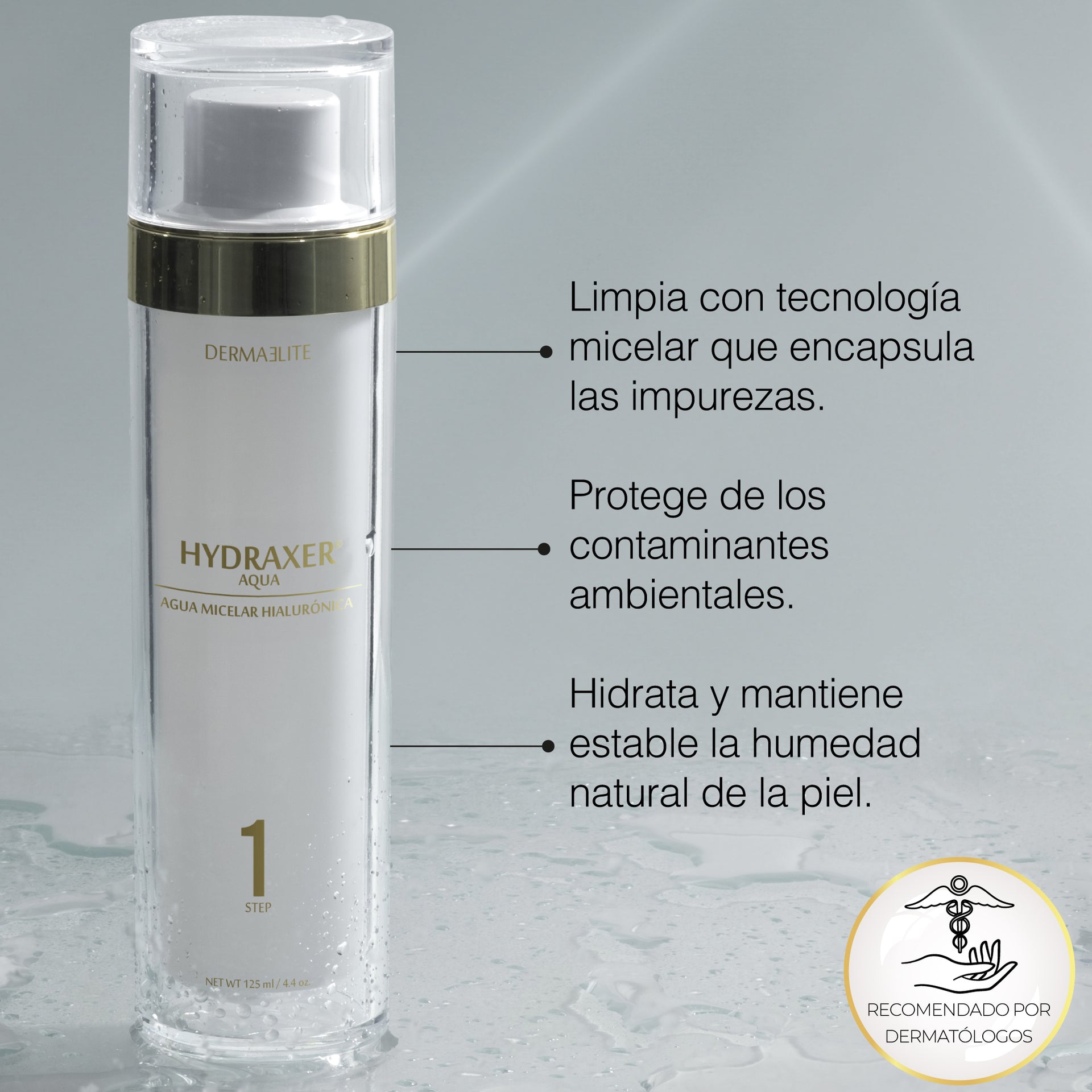 Envase de Hydraxer Aqua Limpiador Facial - Dermaelite para la limpieza profunda y tratamiento de firmeza.