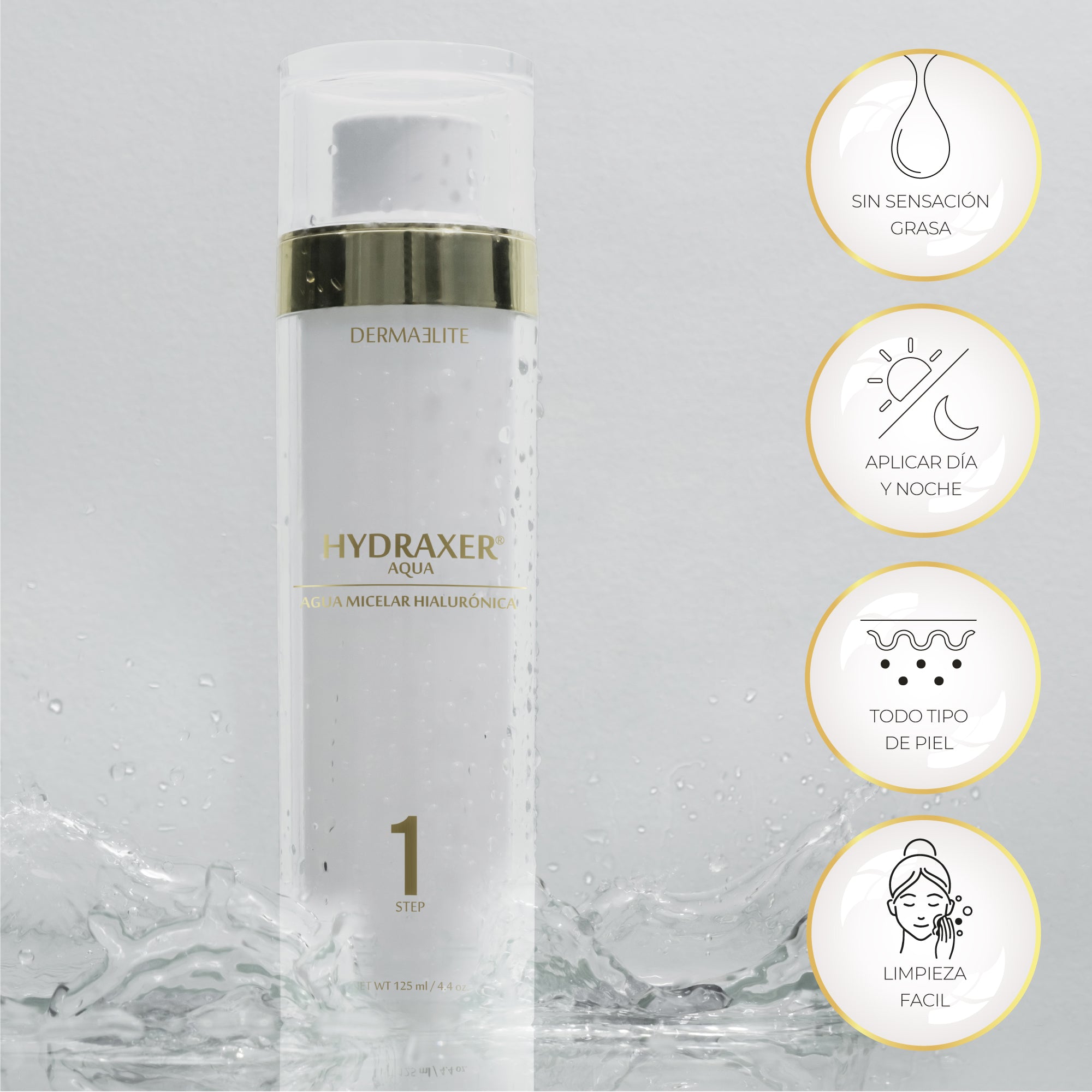 Envase de Hydraxer Aqua Limpiador Facial - Dermaelite para la limpieza profunda y tratamiento de firmeza.