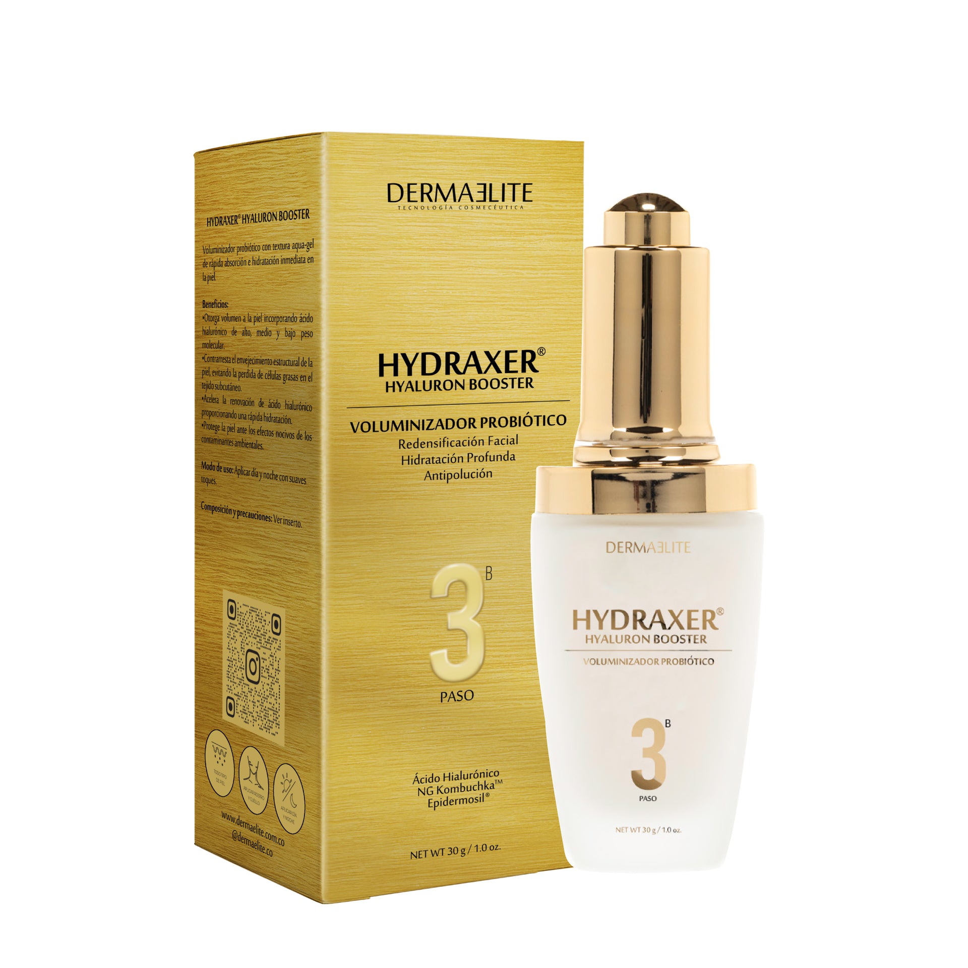Envase de Sérum Hydraxer Hyaluron Booster - Dermaelite para la hidratación profunda y firmeza facial.