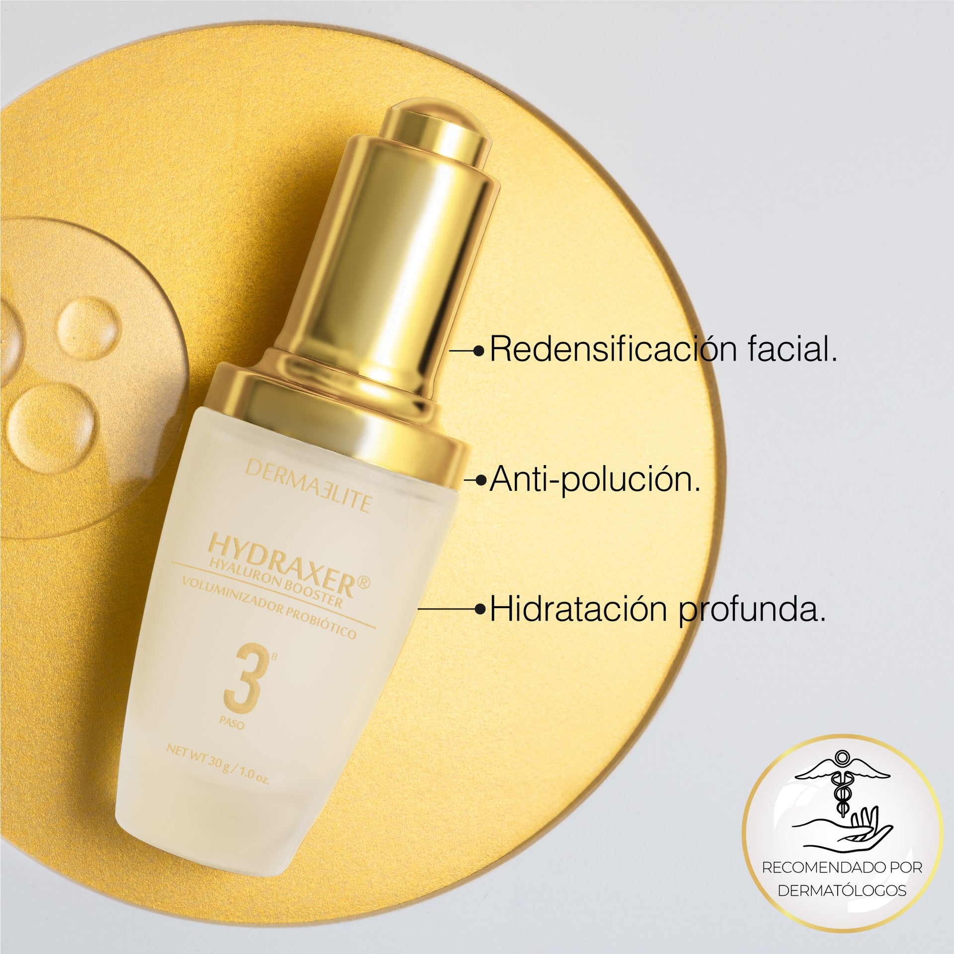 Envase de Sérum Hydraxer Hyaluron Booster - Dermaelite para la hidratación profunda y firmeza facial.