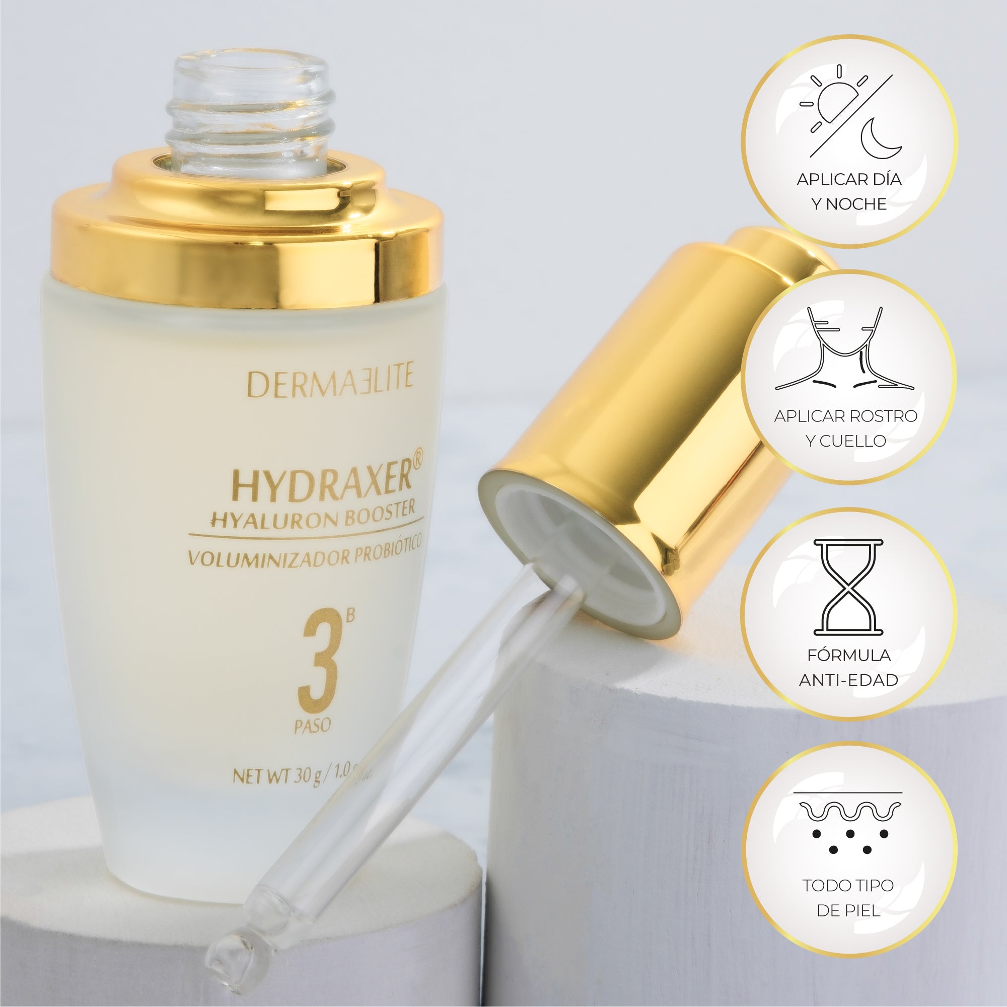Envase de Sérum Hydraxer Hyaluron Booster - Dermaelite para la hidratación profunda y firmeza facial.