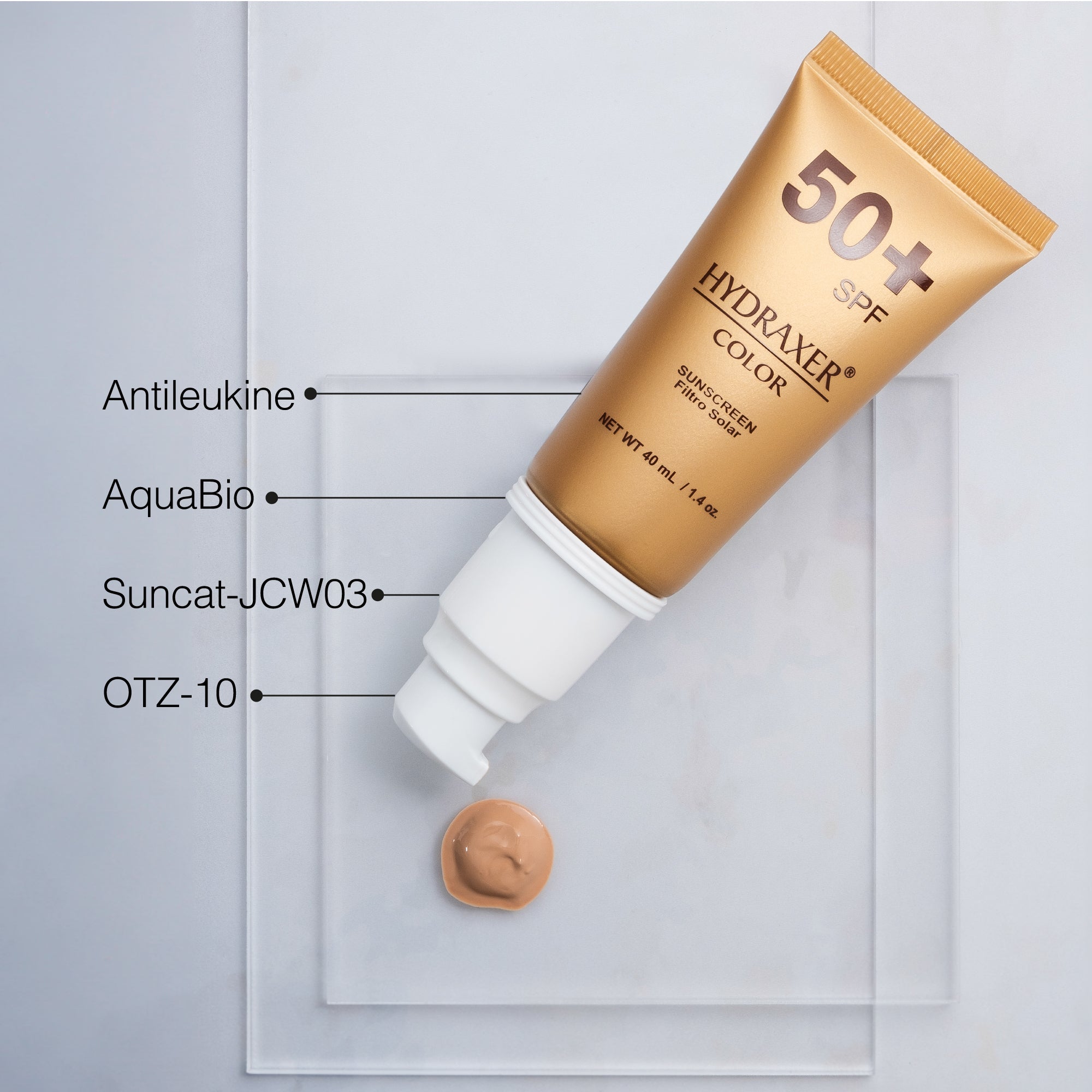 Envase de Hydraxer Color SPF 50+ - Dermaelite para la protección solar con color y firmeza facial en presentación de 40 ml.