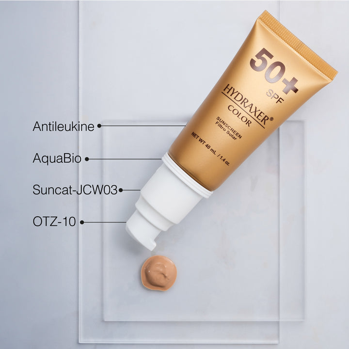 Envase de Hydraxer Color SPF 50+ - Dermaelite para la protección solar con color y firmeza facial en presentación de 40 ml.