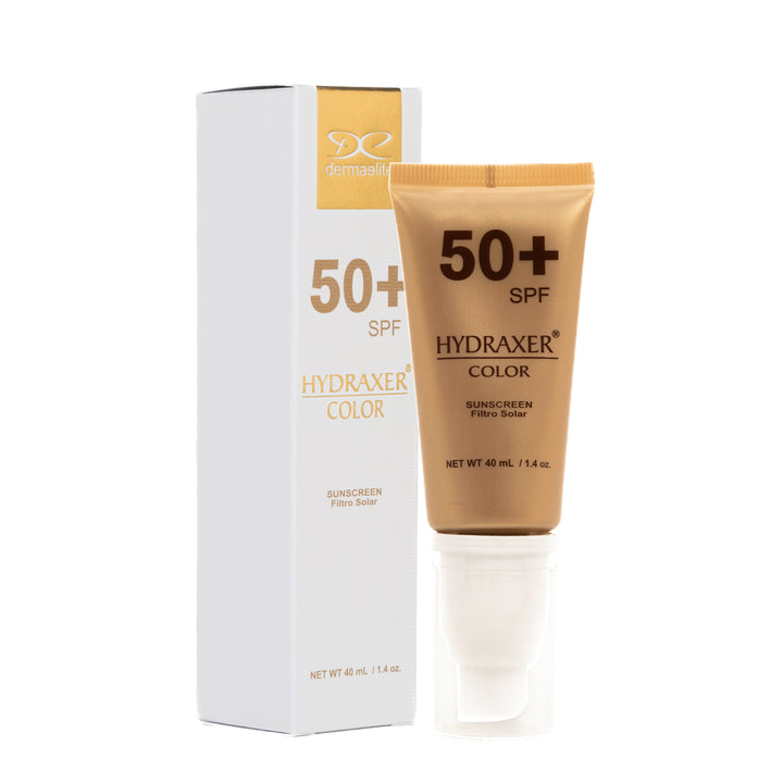 Envase de Hydraxer Color SPF 50+ - Dermaelite para la protección solar con color y firmeza facial en presentación de 40 ml.