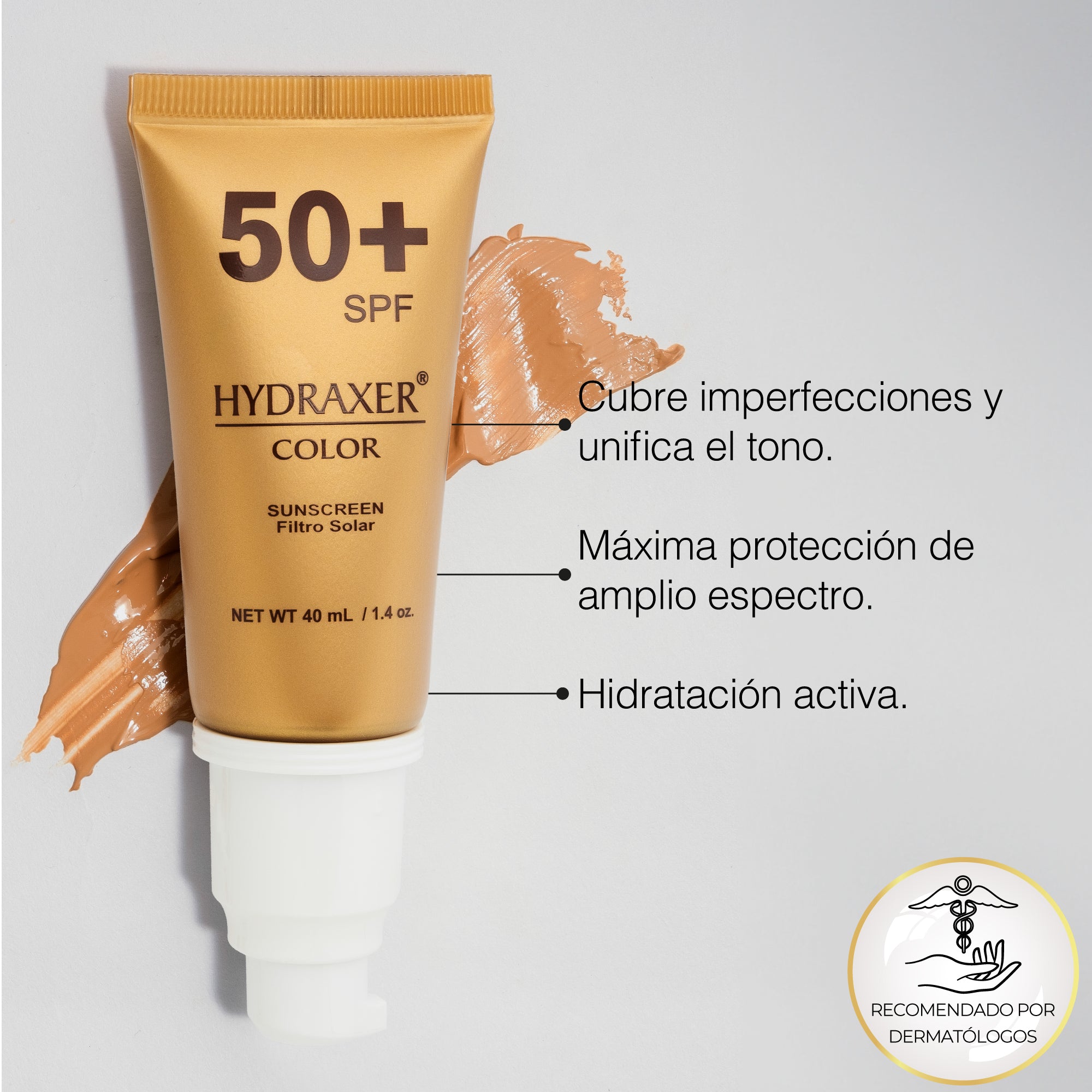 Envase de Hydraxer Color SPF 50+ - Dermaelite para la protección solar con color y firmeza facial en presentación de 40 ml.