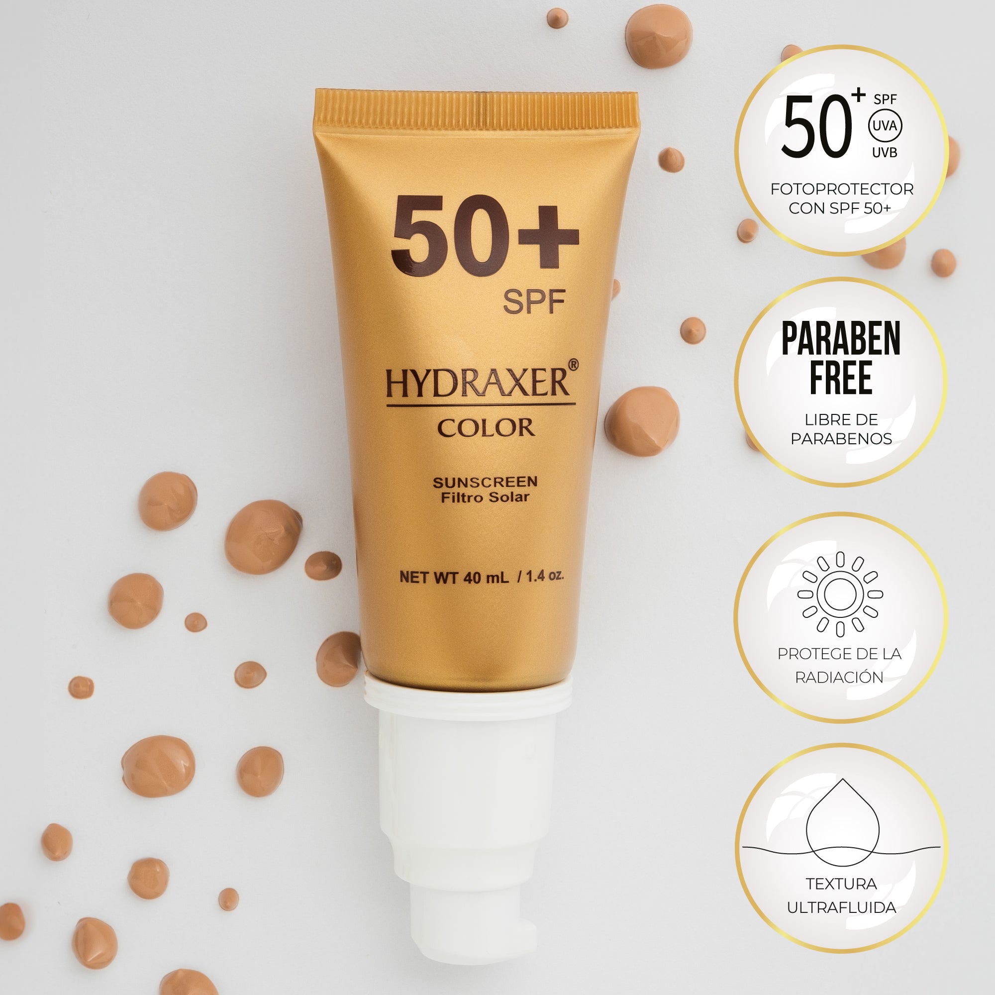 Envase de Hydraxer Color SPF 50+ - Dermaelite para la protección solar con color y firmeza facial en presentación de 40 ml.