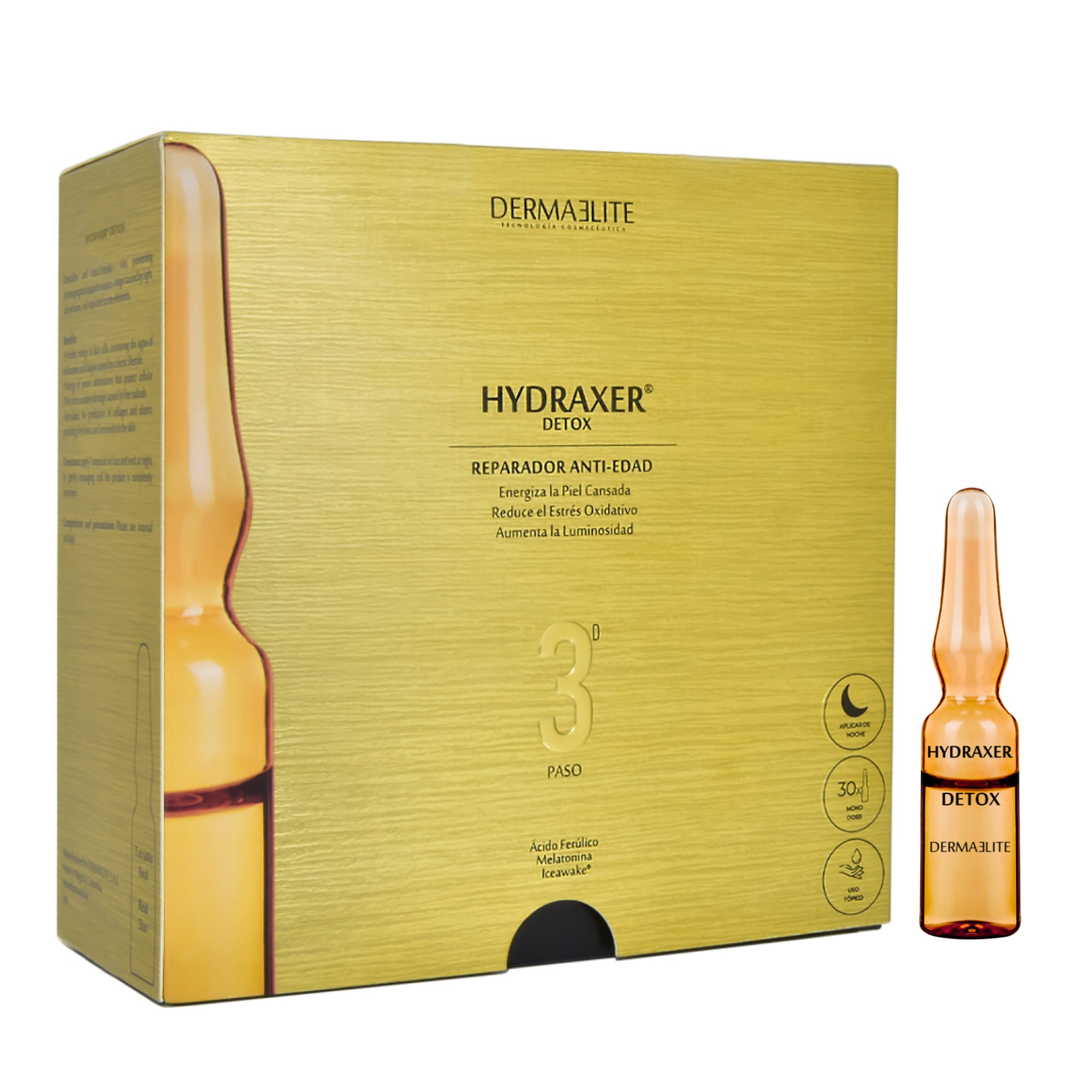 Caja de Hydraxer Detox - Dermaelite por 30 ampollas para el tratamiento de firmeza y luminosidad facial.