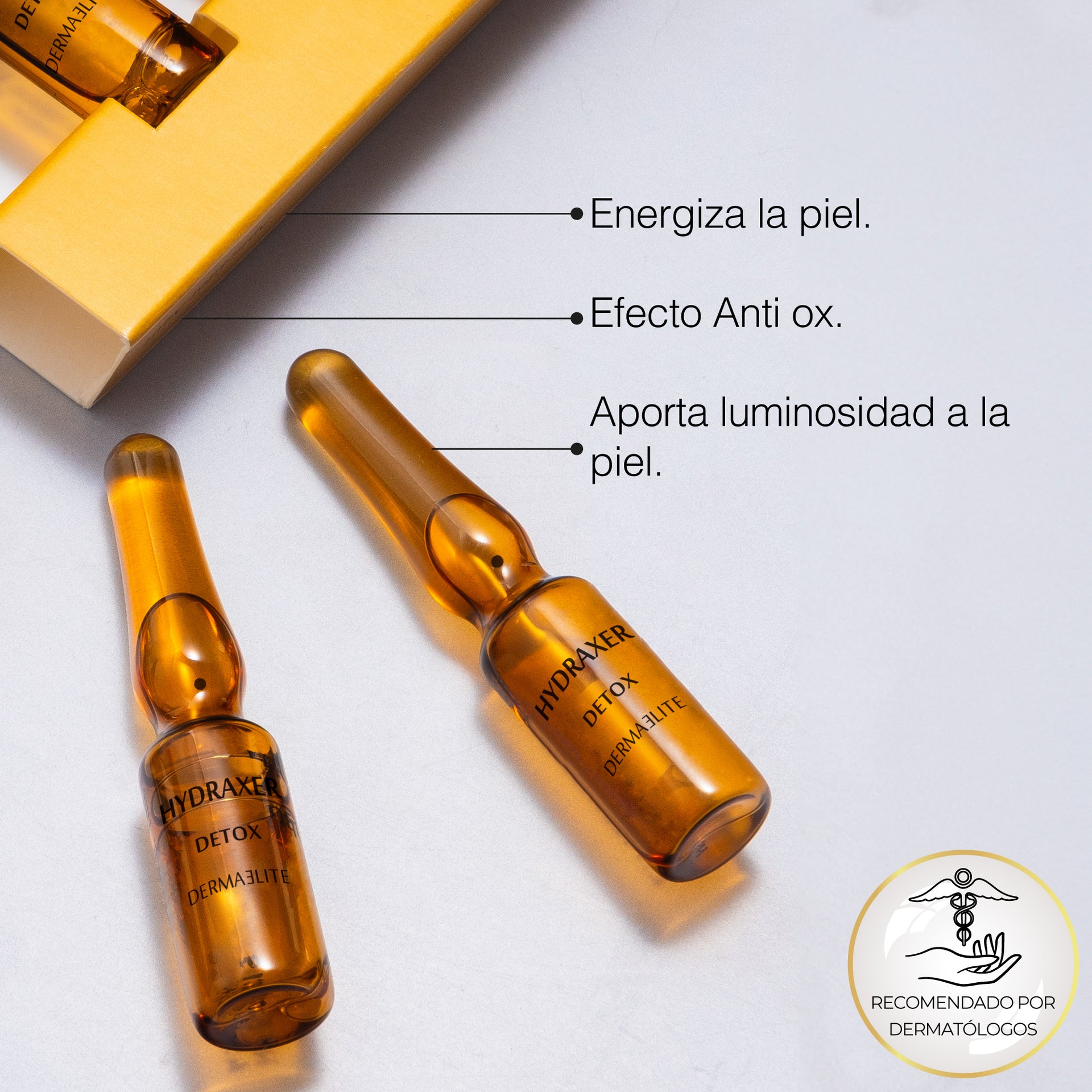 Caja de Hydraxer Detox - Dermaelite por 30 ampollas para el tratamiento de firmeza y luminosidad facial.