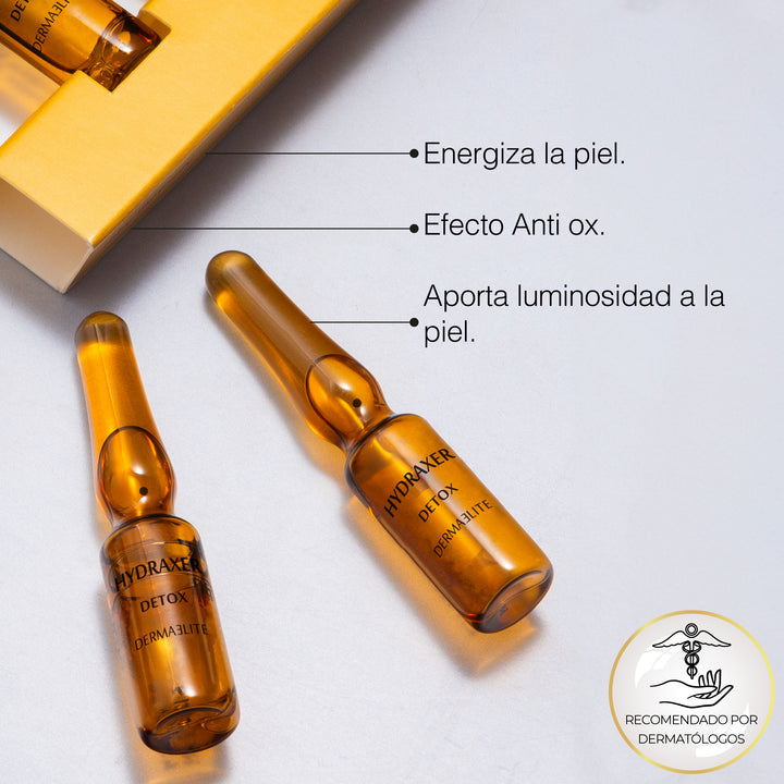 Caja de Hydraxer Detox - Dermaelite por 30 ampollas para el tratamiento de firmeza y luminosidad facial.