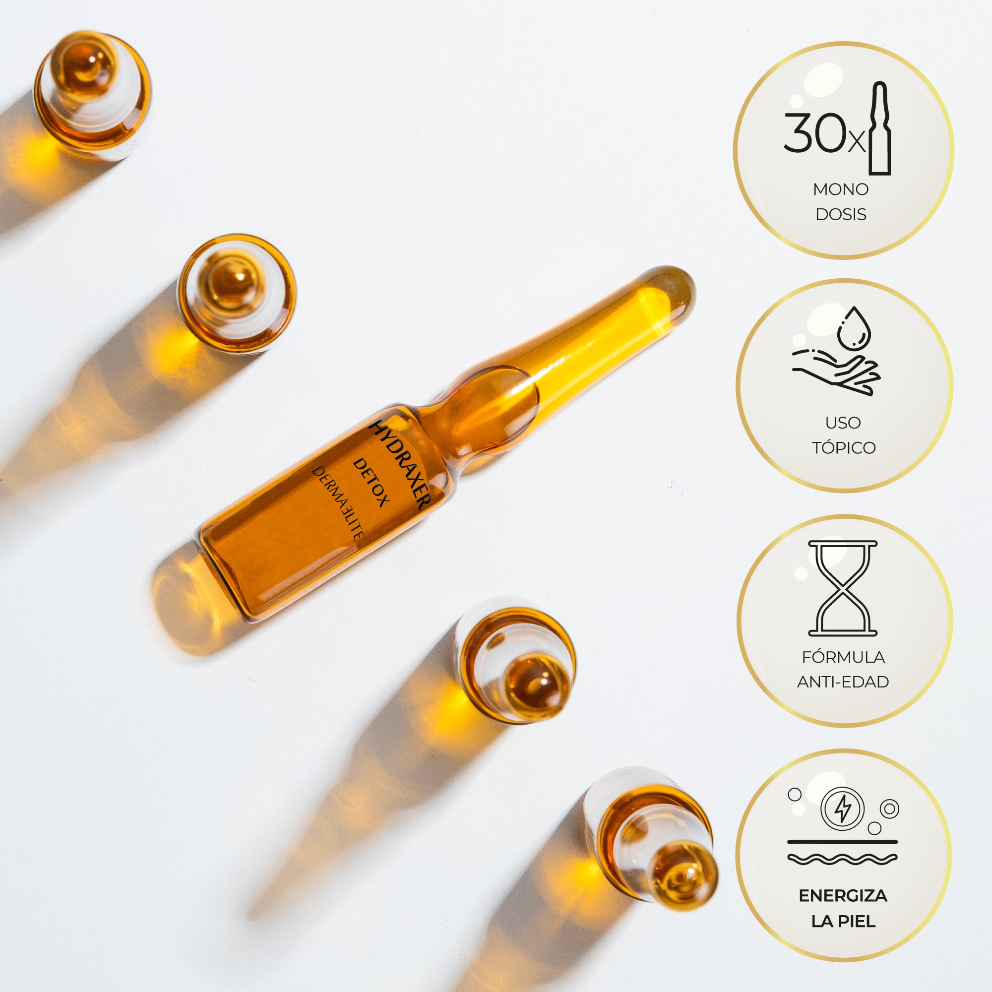 Caja de Hydraxer Detox - Dermaelite por 30 ampollas para el tratamiento de firmeza y luminosidad facial.