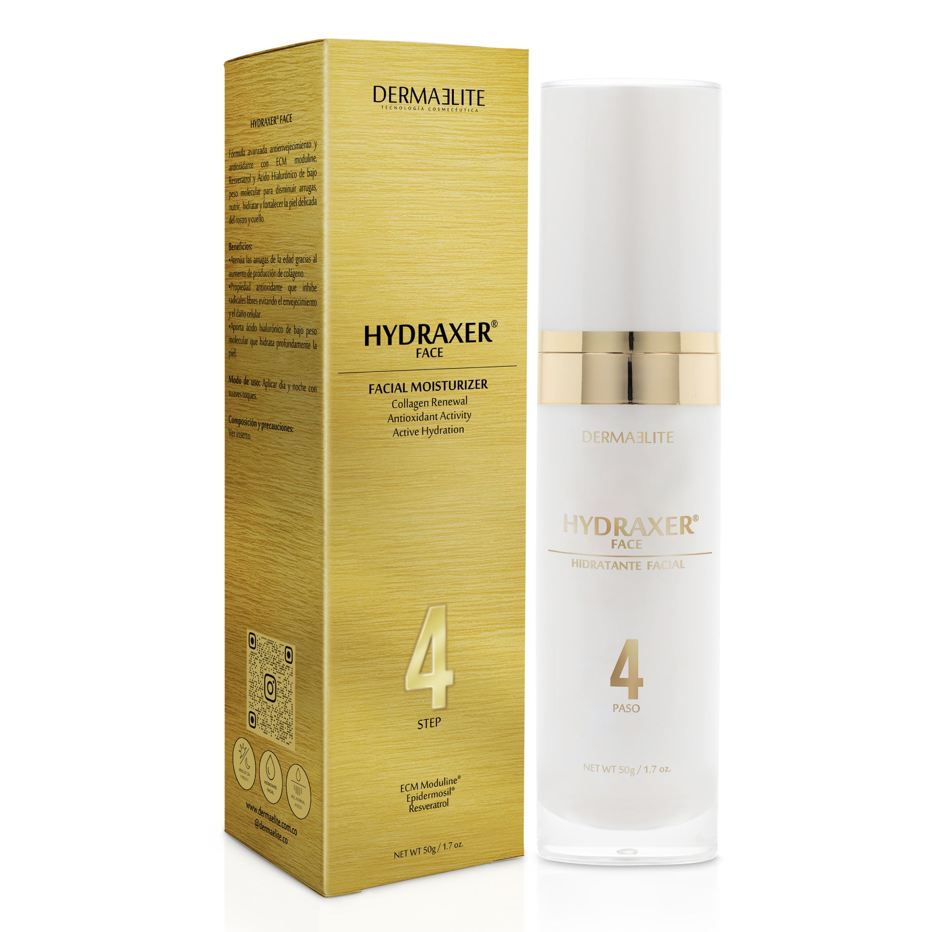 Envase de Hydraxer Face - Dermaelite para el tratamiento de firmeza y luminosidad en el rostro.