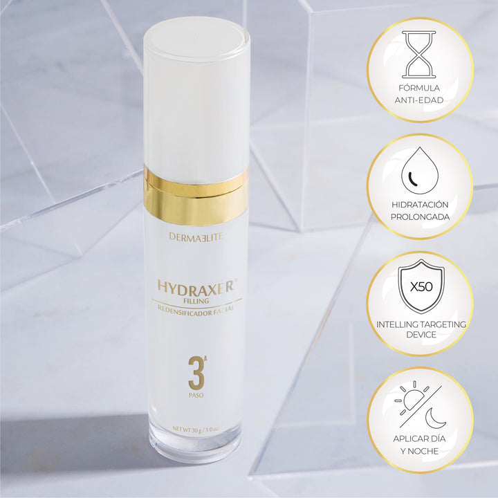 Envase de Hydraxer Filling - Dermaelite para el tratamiento de firmeza y relleno de arrugas faciales.