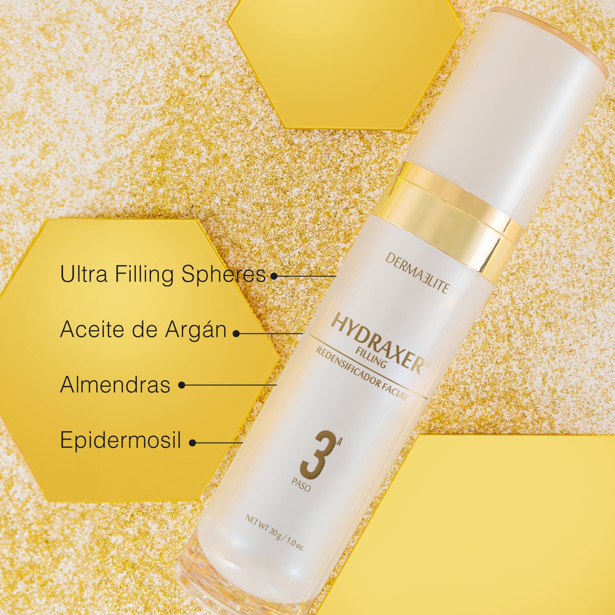 Envase de Hydraxer Filling - Dermaelite para el tratamiento de firmeza y relleno de arrugas faciales.