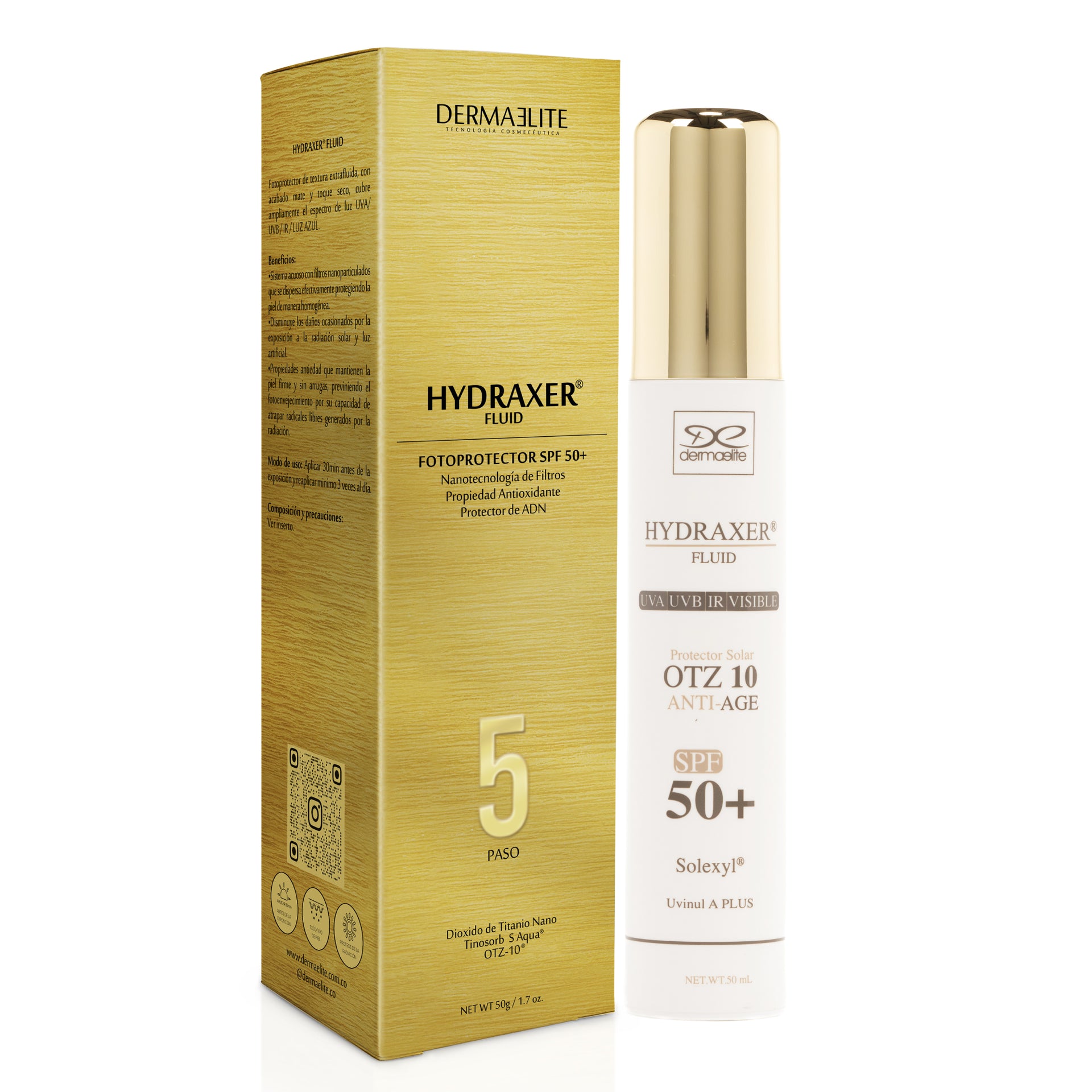 Envase de Hydraxer Fluid SPF 50+ - Dermaelite para la protección solar y firmeza facial.