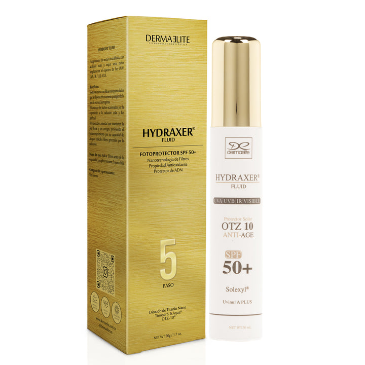 Envase de Hydraxer Fluid SPF 50+ - Dermaelite para la protección solar y firmeza facial.