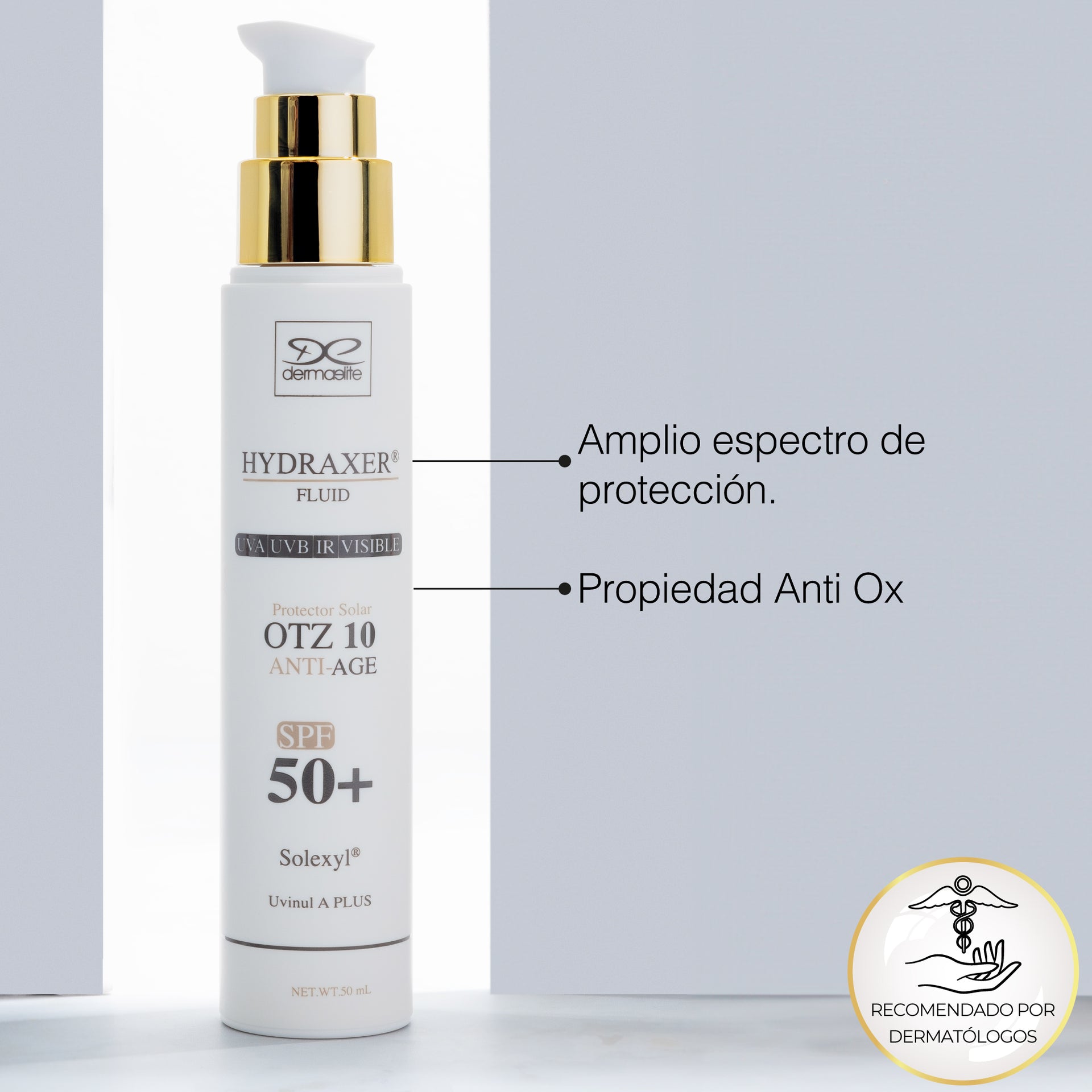 Envase de Hydraxer Fluid SPF 50+ - Dermaelite para la protección solar y firmeza facial.