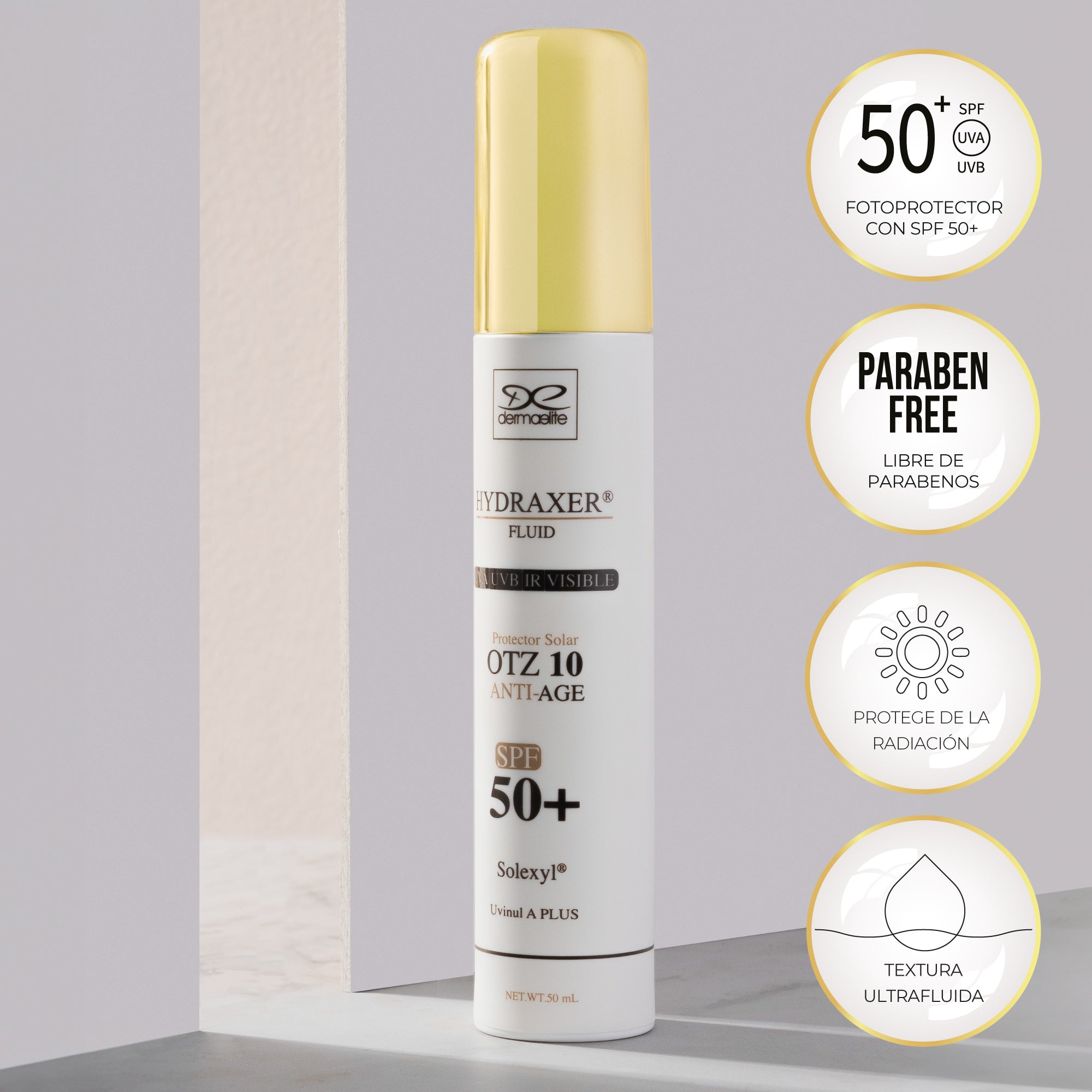 Envase de Hydraxer Fluid SPF 50+ - Dermaelite para la protección solar y firmeza facial.