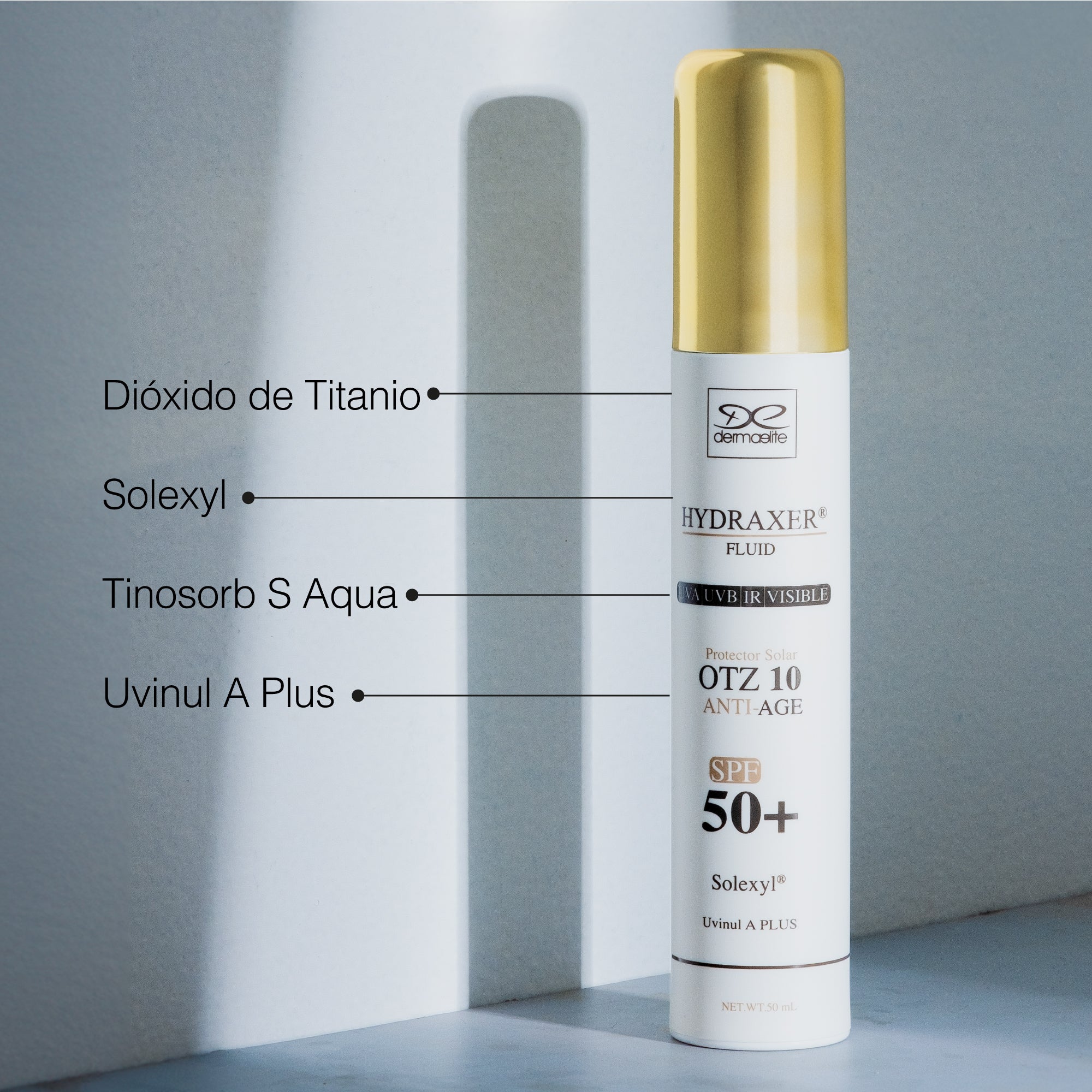 Envase de Hydraxer Fluid SPF 50+ - Dermaelite para la protección solar y firmeza facial.