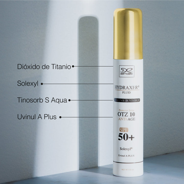 Envase de Hydraxer Fluid SPF 50+ - Dermaelite para la protección solar y firmeza facial.