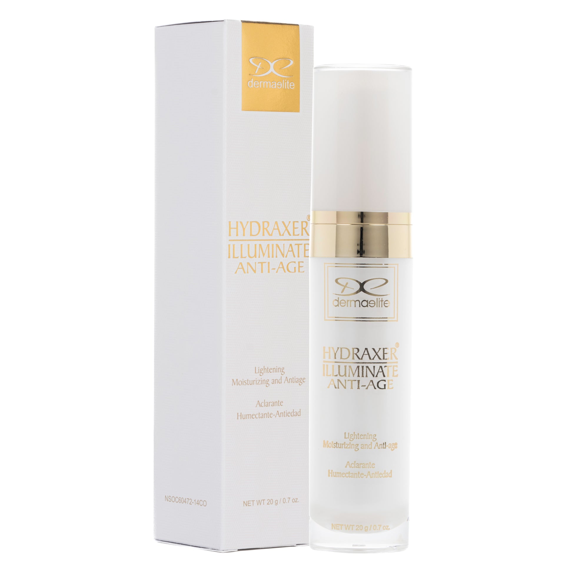 Envase de Hydraxer Illuminate Anti-Age - Dermaelite para el tratamiento de firmeza y luminosidad en el rostro.