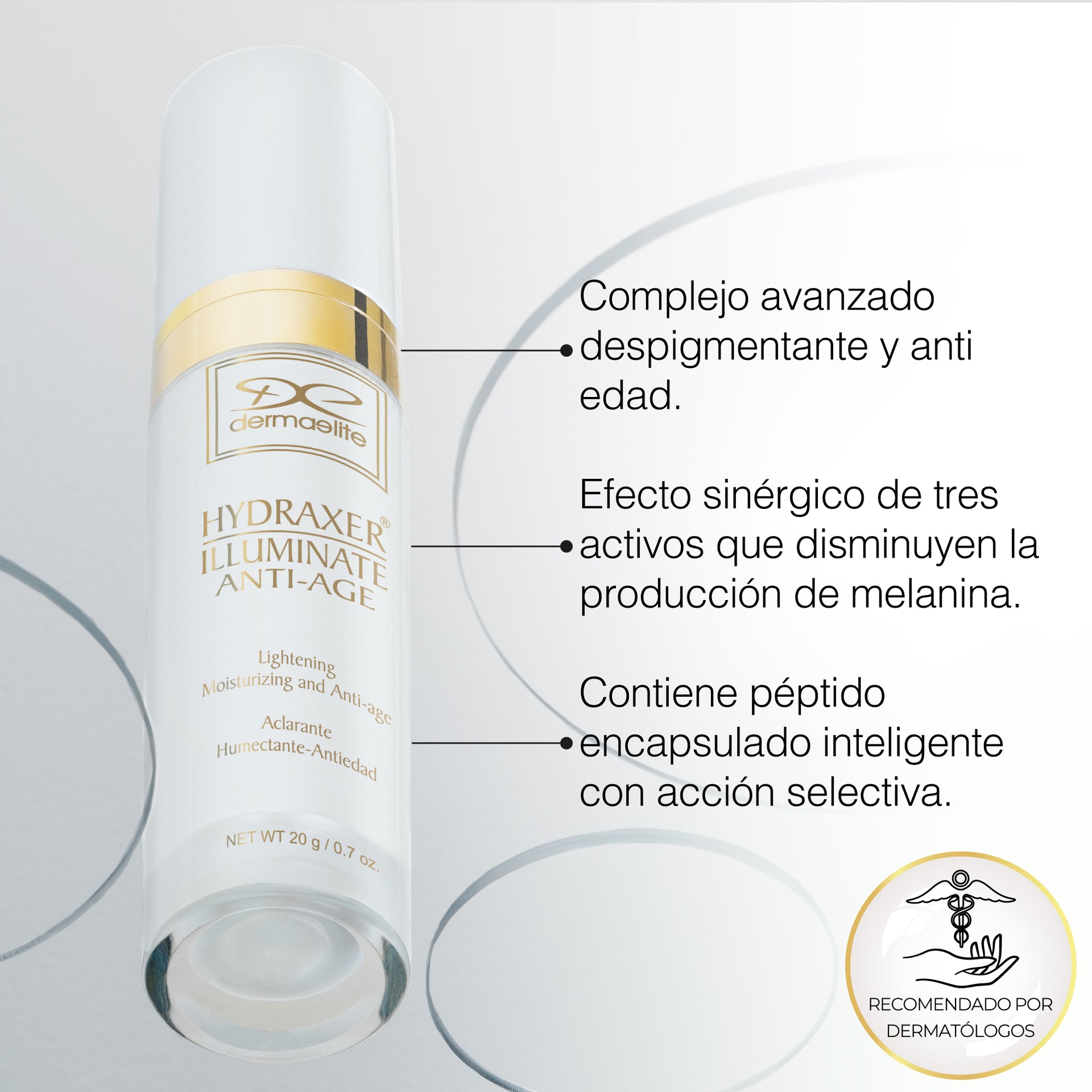 Envase de Hydraxer Illuminate Anti-Age - Dermaelite para el tratamiento de firmeza y luminosidad en el rostro.