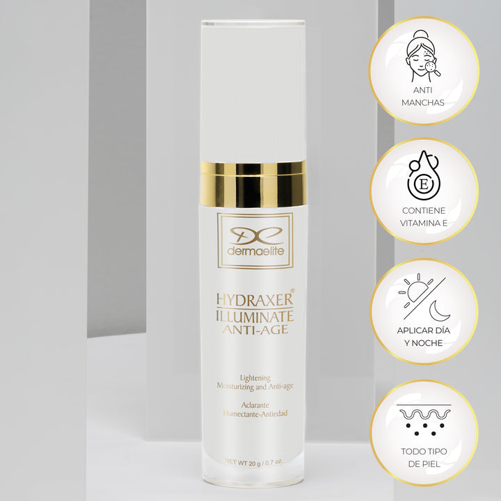 Envase de Hydraxer Illuminate Anti-Age - Dermaelite para el tratamiento de firmeza y luminosidad en el rostro.